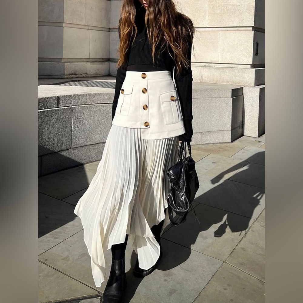 Commense Ivory Button-Front Asymmetrical Pleated Midi Skirt - Picture 2 of 6
